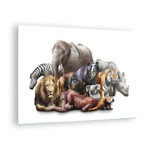 Impression sur verre - Image sur verre - Un groupe d'animaux sauvages sur fond blanc dans une prise de vue artistique - 70x50cm - Photographie de famille africaine - Décoration murale moderne pour le salon et la chambre ARTTOR
