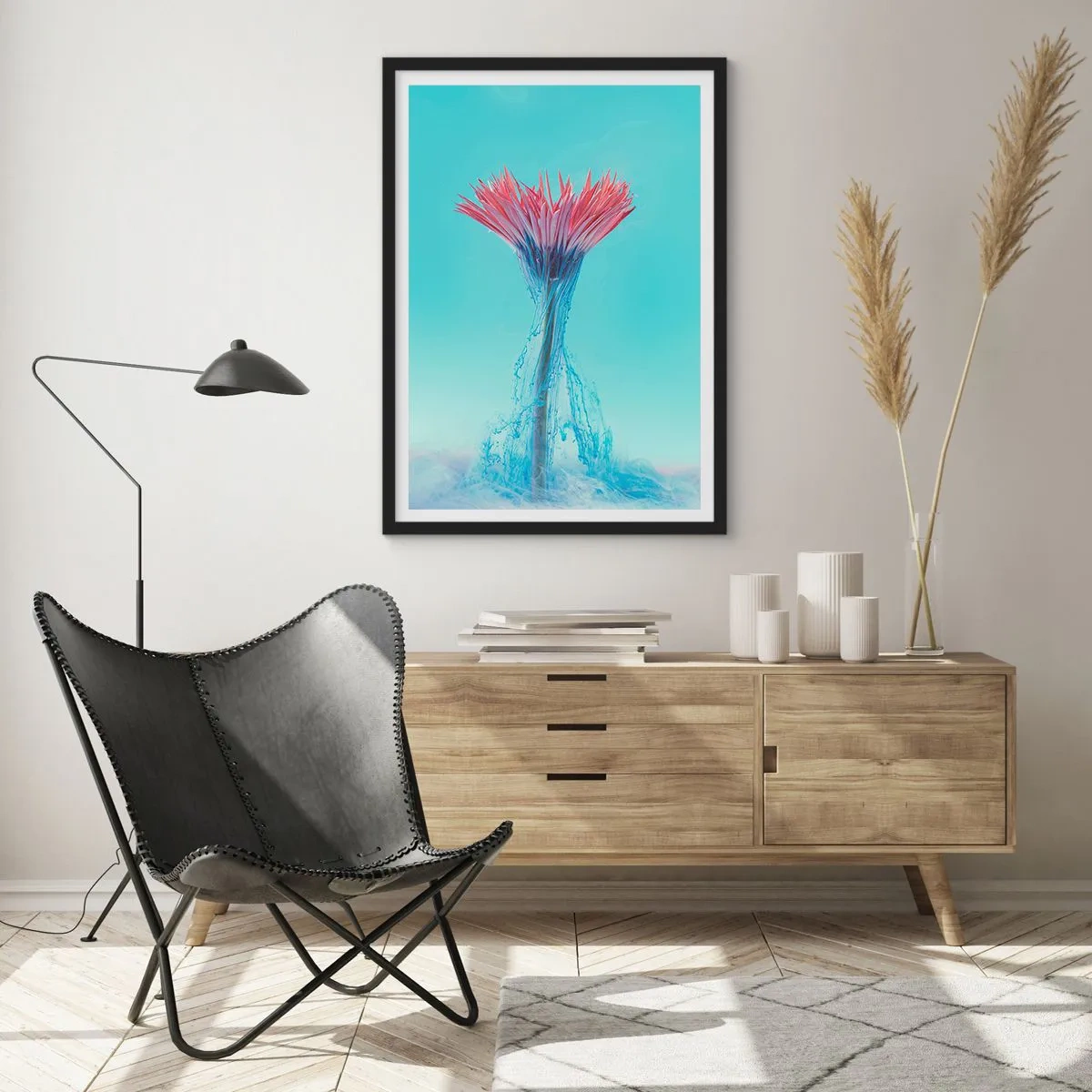 Affiche dans un cadre noir - Poster - Une fleur entourée de ruisseaux colorés sur un fond pastel - 50x70cm - Dans une étreinte vivifiante - Décoration murale moderne pour le salon et la chambre ARTTOR