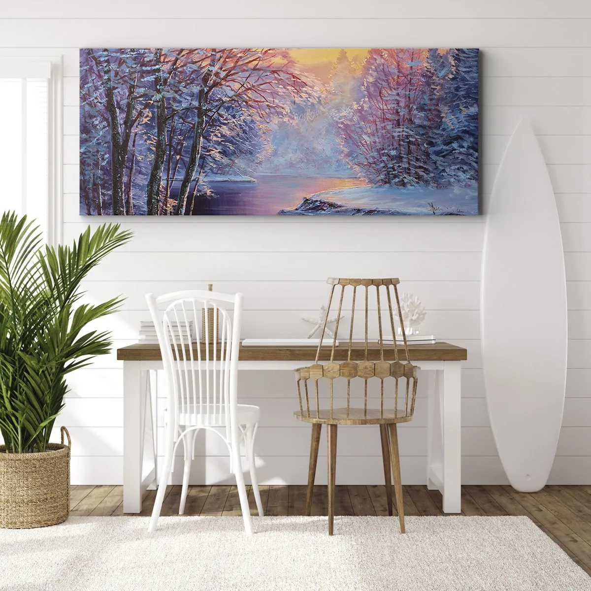 Impression sur toile - Image sur toile - Paysage d'hiver avec rivière et arbres au lever du soleil - 140x50cm - Couleurs d'hiver - Décoration murale moderne pour le salon et la chambre ARTTOR