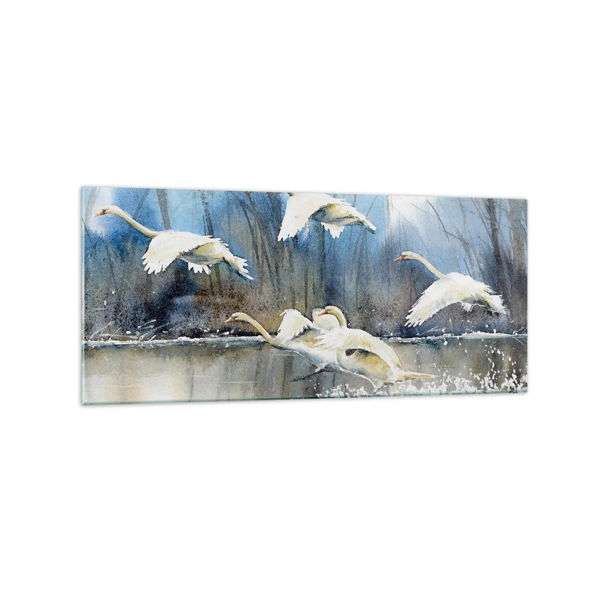 Impression sur verre - Image sur verre - Cygnes en vol au-dessus d'un lac gelé dans un paysage hivernal - 120x50cm - Comme dans un conte de fées sur les cygnes sauvages - Décoration murale moderne pour le salon et la chambre ARTTOR