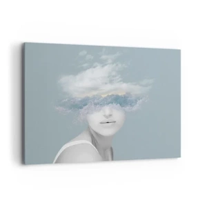 Impression sur toile - Image sur toile - Portrait d'une femme avec son visage caché derrière les nuages et les vagues - 100x70cm - La tête dans les nuages - Décoration murale moderne pour le salon et la chambre ARTTOR