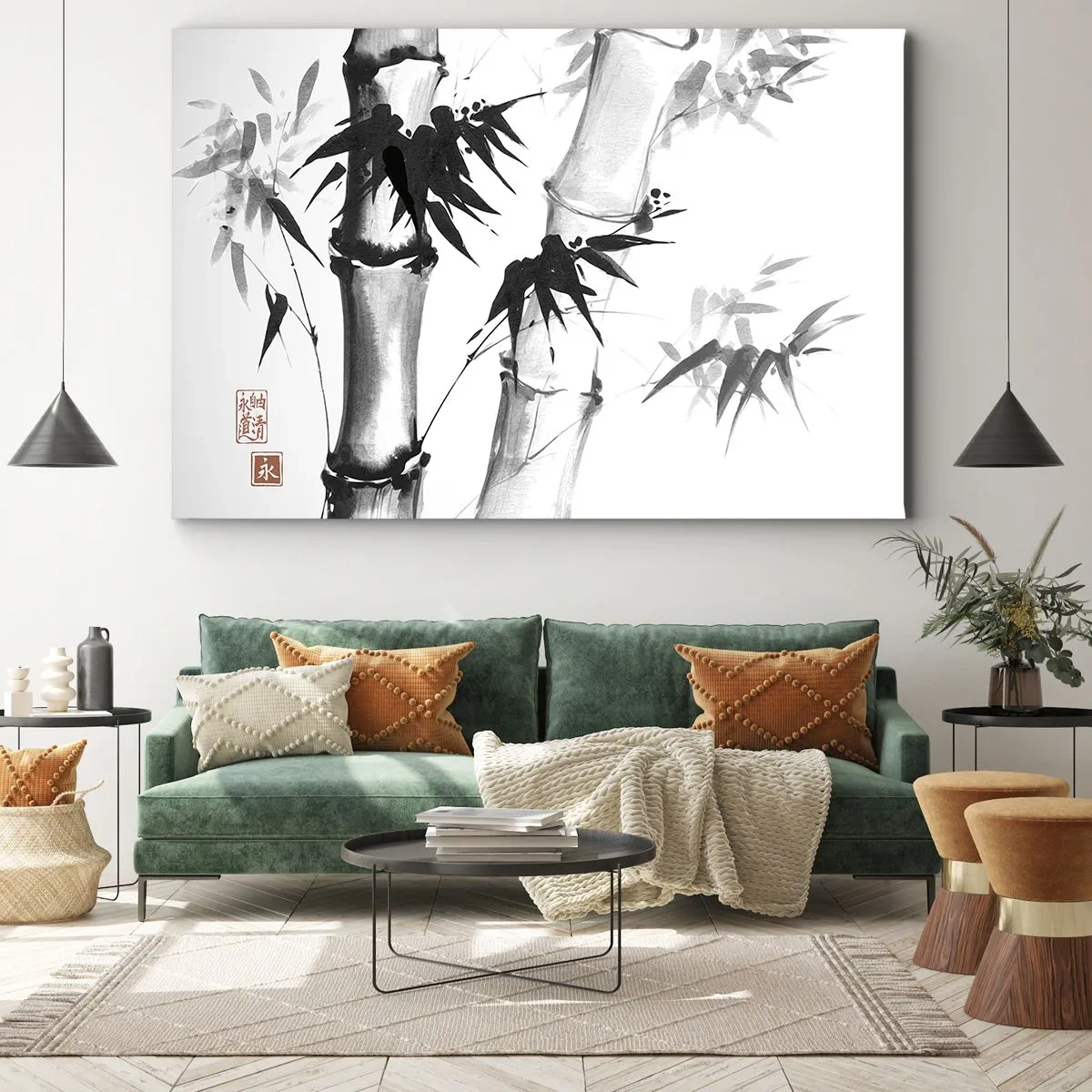 Impression sur toile - Image sur toile - Bambou aquarelle de style japonais sur fond blanc - 70x50cm - Gros plan sur l'orient - Décoration murale moderne pour le salon et la chambre ARTTOR