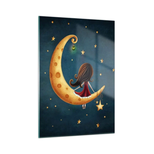 Impression sur verre - Image sur verre - Une fille sur la lune parmi les étoiles sur un fond bleu marine - 50x70cm - Il était une fois... - Décoration murale moderne pour le salon et la chambre ARTTOR