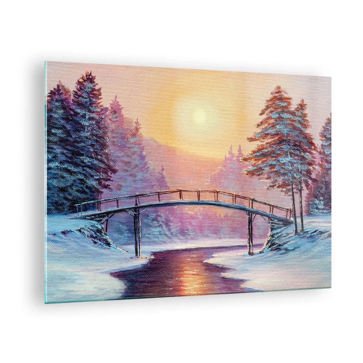 Impression sur verre - Image sur verre - Paysage d'hiver avec un pont sur une rivière au coucher du soleil - 70x50cm - Quatre saisons - hiver - Décoration murale moderne pour le salon et la chambre ARTTOR