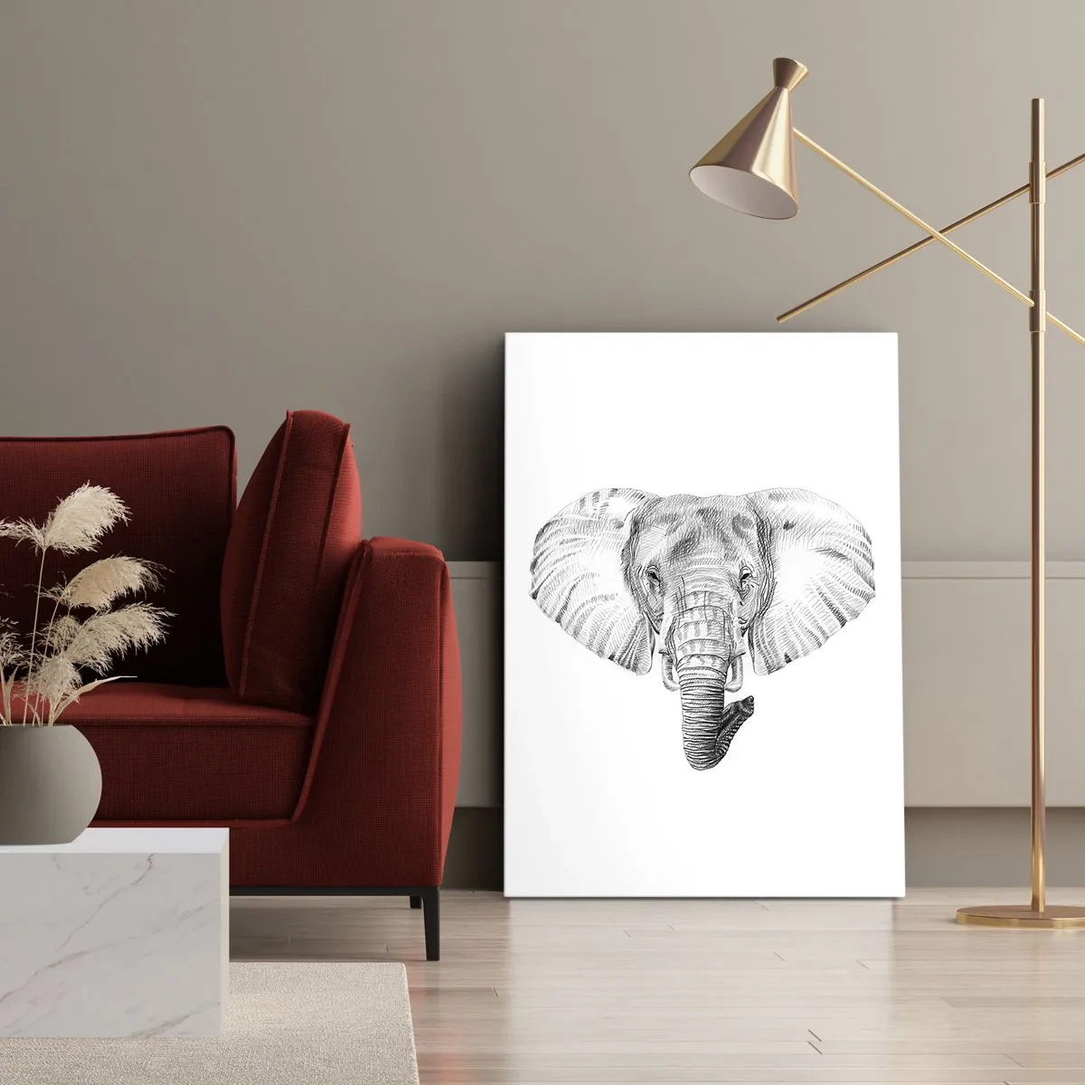 Impression sur toile - Image sur toile - Dessin en noir et blanc d'une tête d'éléphant sur fond blanc - 50x70cm - "Un éléphant ça trompe bien souvent" - Décoration murale moderne pour le salon et la chambre ARTTOR