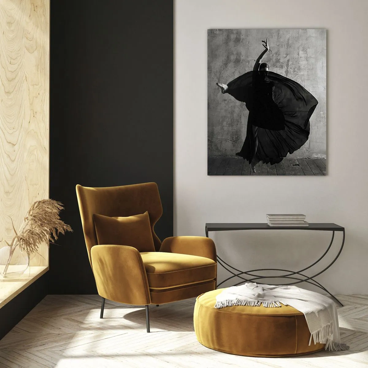 Impression sur verre - Image sur verre - Silhouette noire et blanche d'une danseuse en mouvement sur fond de mur - 80x120cm - Pas plein de passion - Décoration murale moderne pour le salon et la chambre ARTTOR