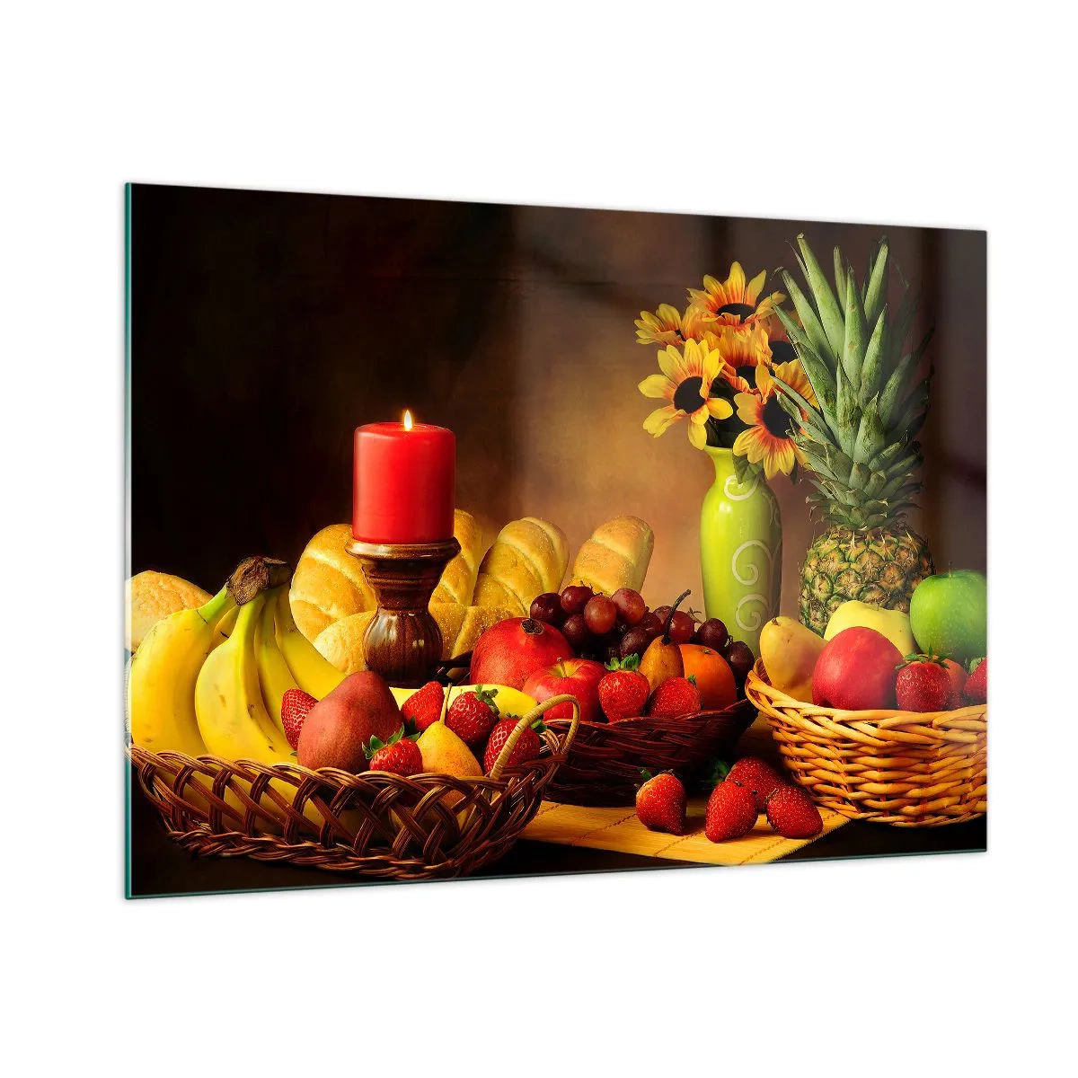 Impression sur verre - Image sur verre - Une composition de fruits, de pain et d'une bougie dans un style rustique - 100x70cm - Nature morte de pain et de fruits - Décoration murale moderne pour le salon et la chambre ARTTOR
