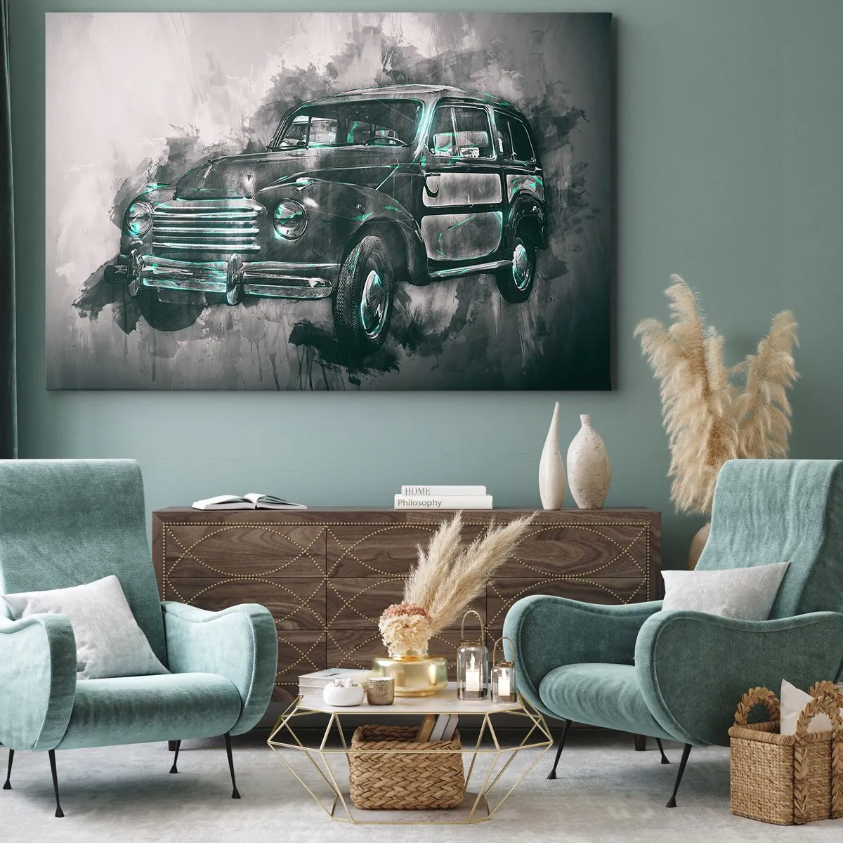 Impression sur toile - Image sur toile - Une voiture rétro classique avec un décor artistique - 100x70cm - Ancêtre respecté - Décoration murale moderne pour le salon et la chambre ARTTOR