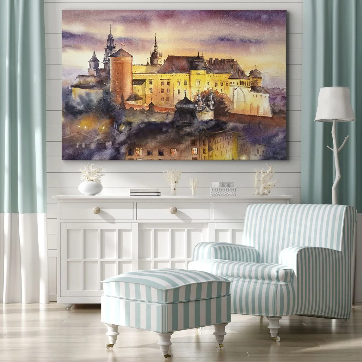 Impression sur toile - Image sur toile - Une aquarelle pittoresque d'un château au coucher du soleil - 120x80cm - Histoire et conte de fées - Décoration murale moderne pour le salon et la chambre ARTTOR