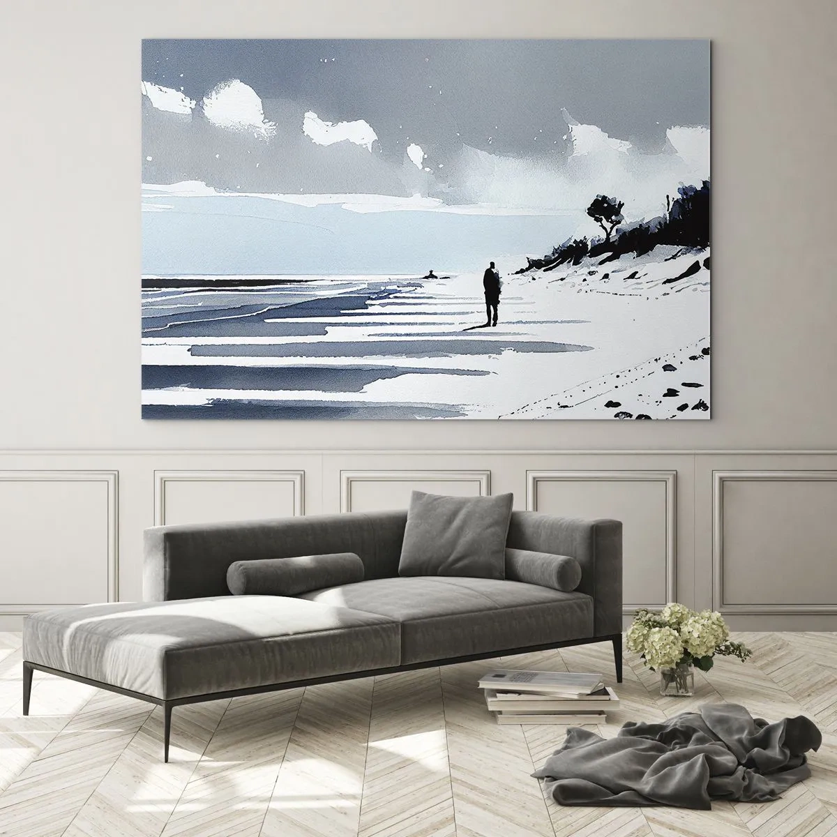 Impression sur verre - Image sur verre - Silhouette d'une personne solitaire marchant sur une plage déserte - 70x50cm - Seul à seul - Décoration murale moderne pour le salon et la chambre ARTTOR