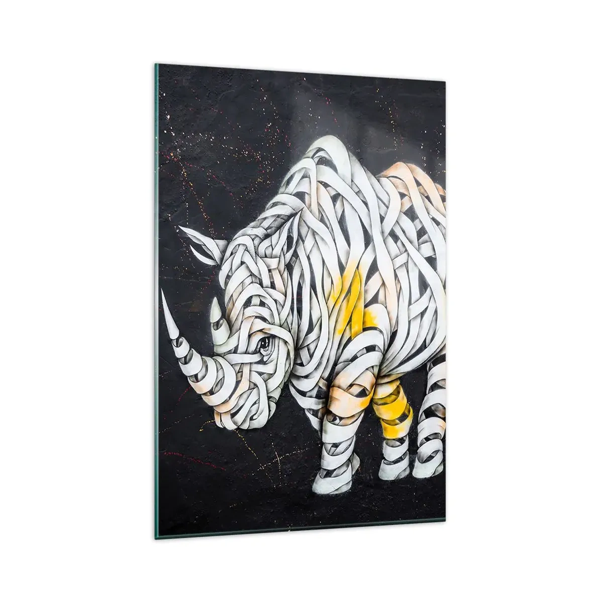 Impression sur verre - Image sur verre - Un rhinocéros sculpté avec des rayures abstraites sur un fond sombre. - 80x120cm - La peau épaisse est un mythe - Décoration murale moderne pour le salon et la chambre ARTTOR