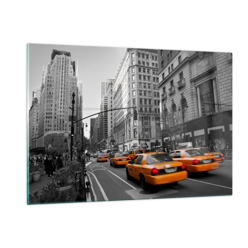 Impression sur verre - Image sur verre - Taxis jaunes dans les rues de la ville dans un décor noir et blanc - 120x80cm - Soleil des grandes villes - Décoration murale moderne pour le salon et la chambre ARTTOR