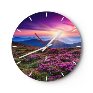 Horloge murale - Pendule murale - Paysage de montagne avec des fleurs roses en fleurs - 30x30cm - Les herbes sentaient les grappes fraîches de la récolte - Décoration murale moderne pour le salon, la cuisine et la chambre ARTTOR