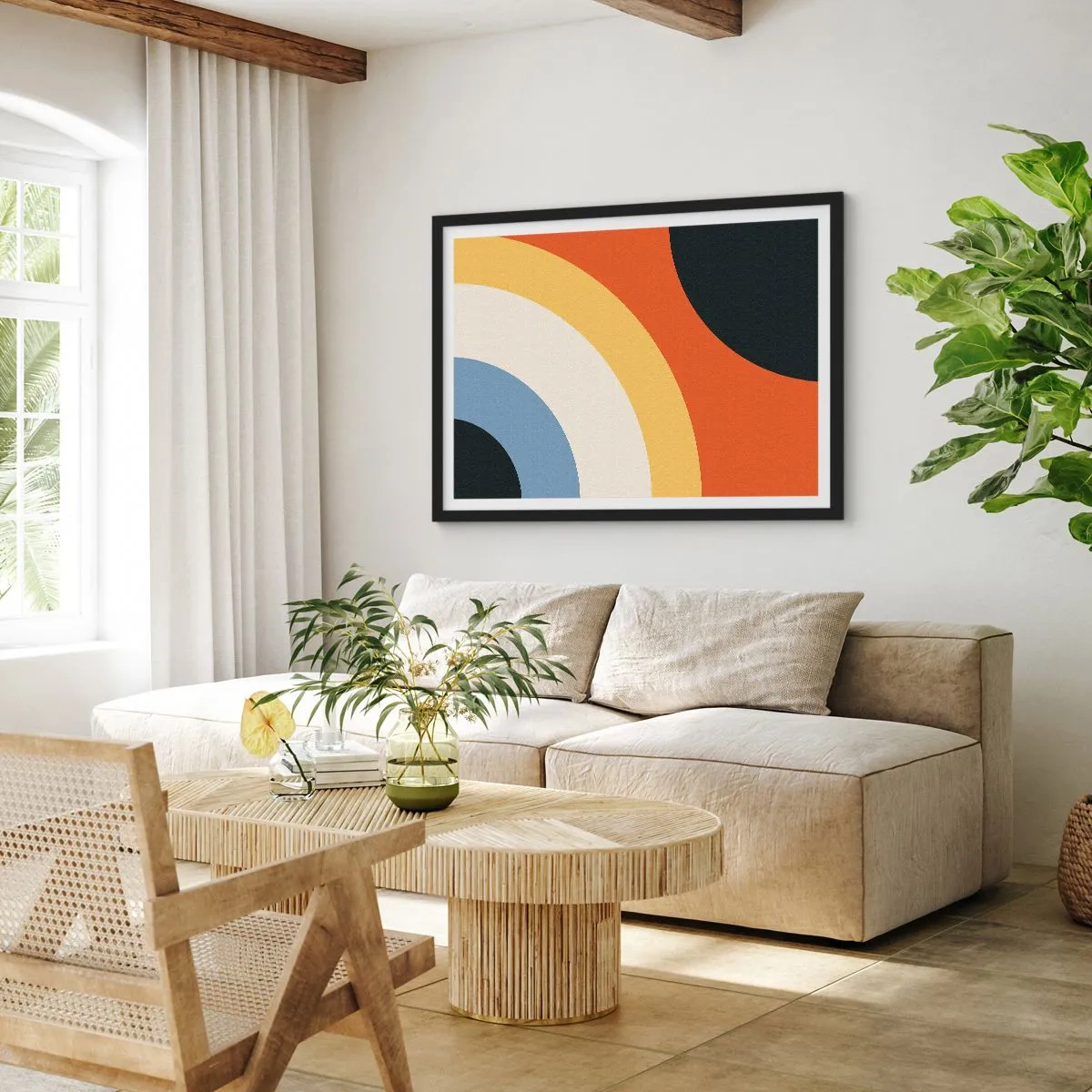 Affiche dans un cadre noir - Poster - Œuvre d'art abstraite avec des arcs colorés et des cercles contrastés - 70x50cm - Vers son soi - Décoration murale moderne pour le salon et la chambre ARTTOR