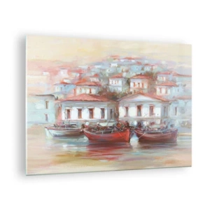 Impression sur verre - Image sur verre - Une ville pittoresque avec des bateaux dans le port au coucher du soleil - 70x50cm - Petite ville heureuse - Décoration murale moderne pour le salon et la chambre ARTTOR