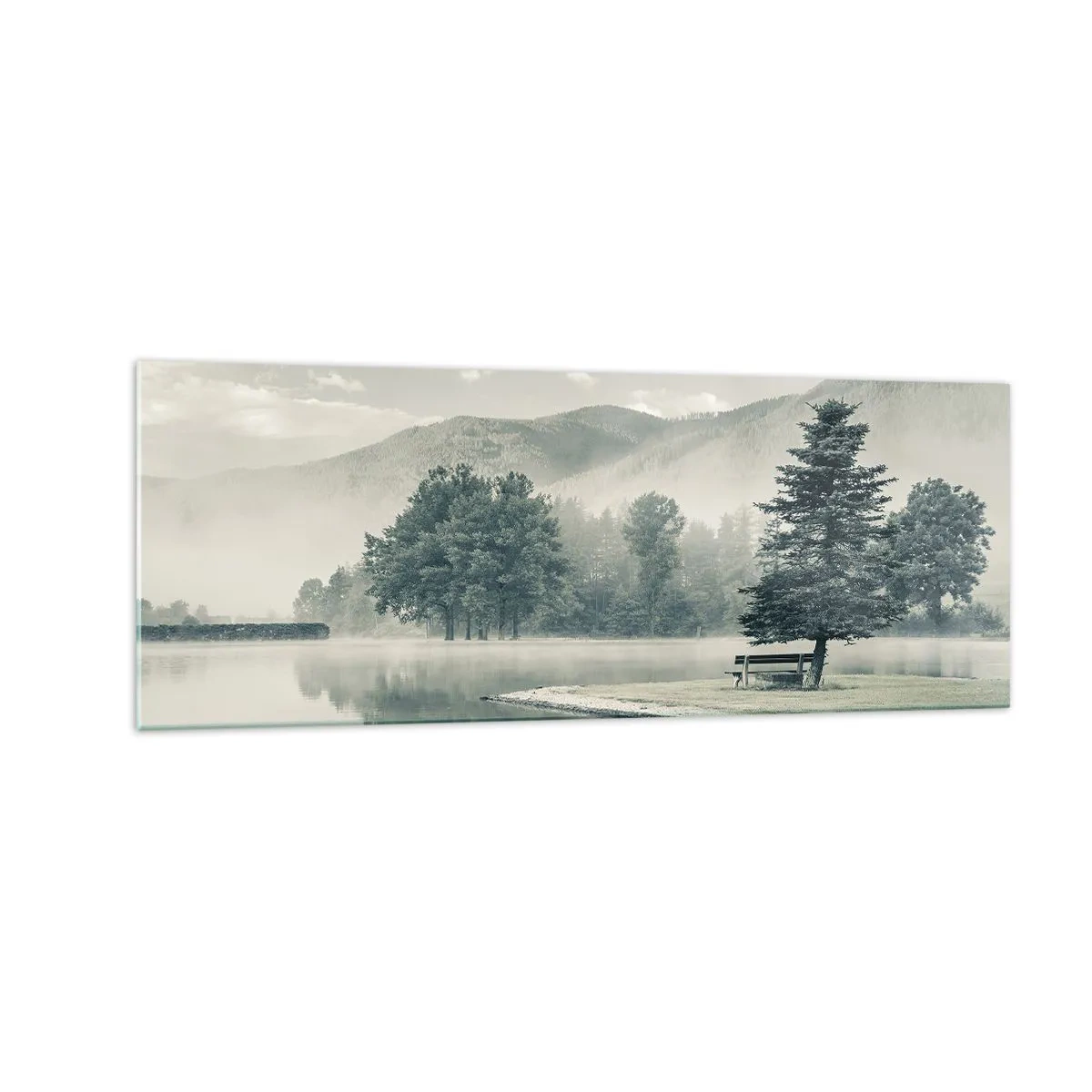 Impression sur verre - Image sur verre - Un lac pittoresque avec un banc et du brouillard en arrière-plan - 140x50cm - Le lac dort encore - Décoration murale moderne pour le salon et la chambre ARTTOR