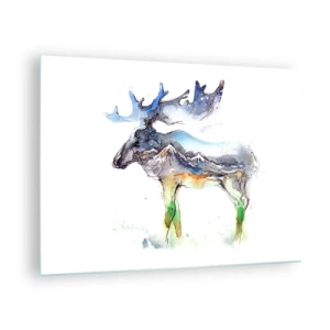 Impression sur verre - Image sur verre - Aquarelle représentant un élan avec un motif de silhouette de montagne - 70x50cm - Le héros d'un conte d'hiver - Décoration murale moderne pour le salon et la chambre ARTTOR