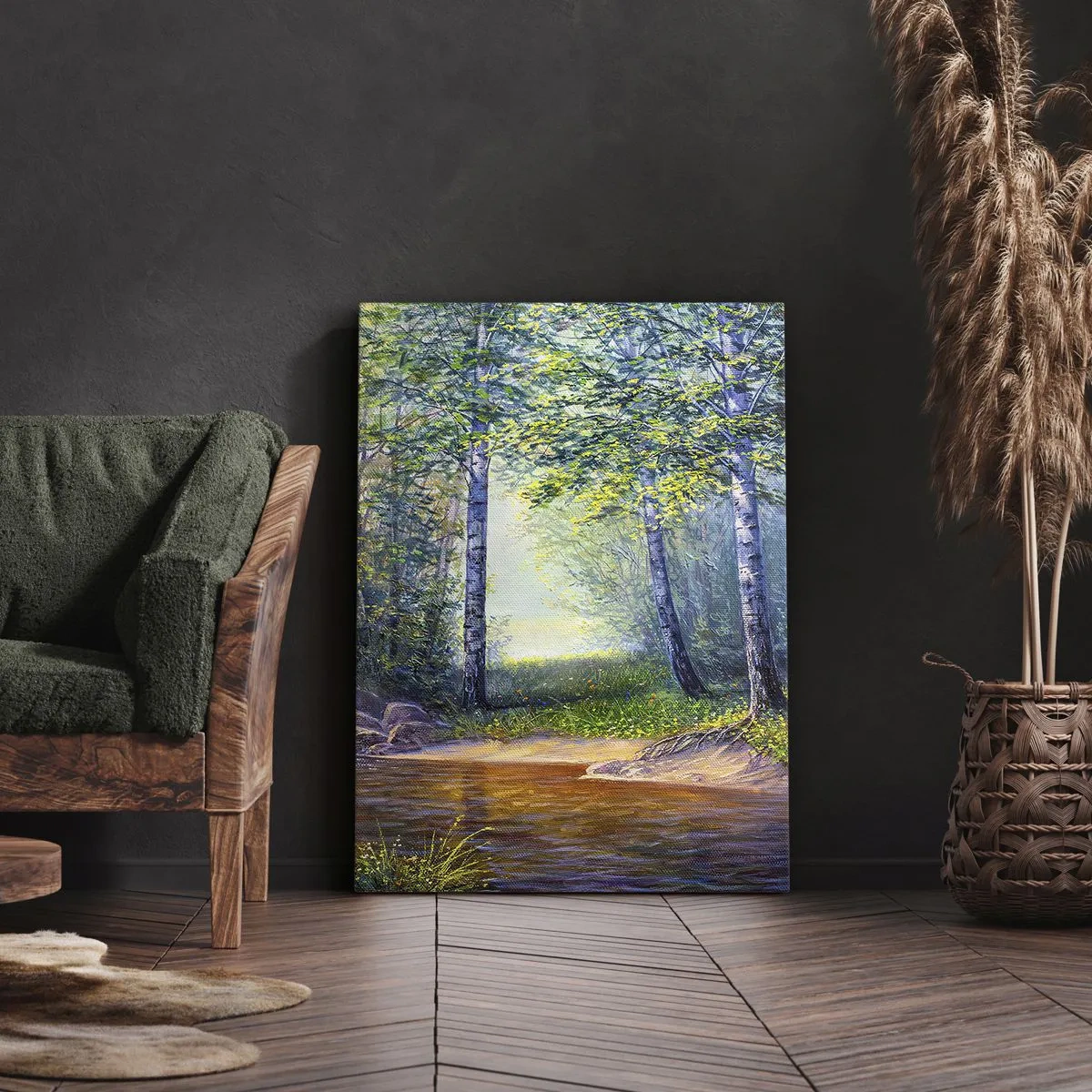 Impression sur toile - Image sur toile - Un ruisseau forestier entouré de bouleaux et de soleil - 80x120cm - Paysage idyllique - Décoration murale moderne pour le salon et la chambre ARTTOR