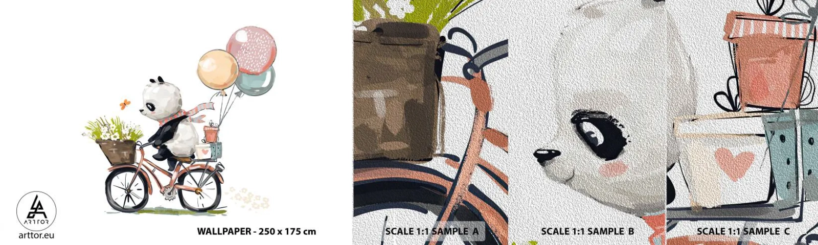 Échantillon de Papier Peint Premium Sand - Jour de chance - Pour les enfants, Panda sur un vélo, Abstraction - 100x30 cm
