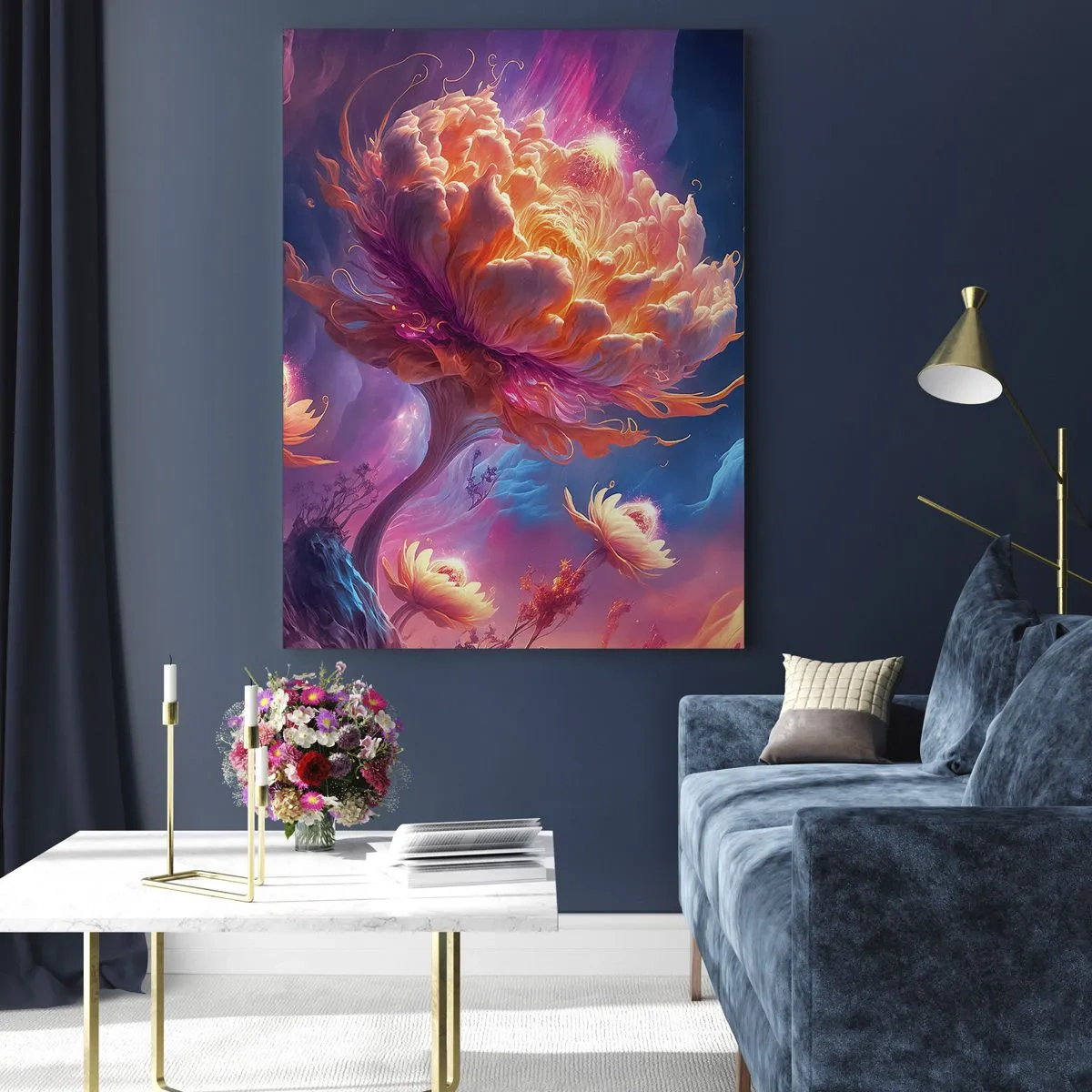 Impression sur verre - Image sur verre - Une fleur fantastique flottant dans un décor cosmique - 50x70cm - Un autre monde - Décoration murale moderne pour le salon et la chambre ARTTOR