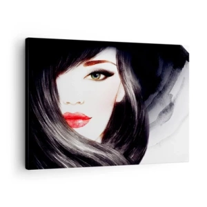 Impression sur toile - Image sur toile - Portrait d'une femme au regard expressif et aux lèvres rouges - 70x50cm - Aspect saphir - Décoration murale moderne pour le salon et la chambre ARTTOR