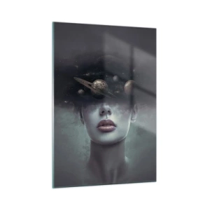 Impression sur verre - Image sur verre - Une femme avec des planètes pour tête dans une composition surréaliste - 50x70cm - Et les planètes deviennent folles... - Décoration murale moderne pour le salon et la chambre ARTTOR
