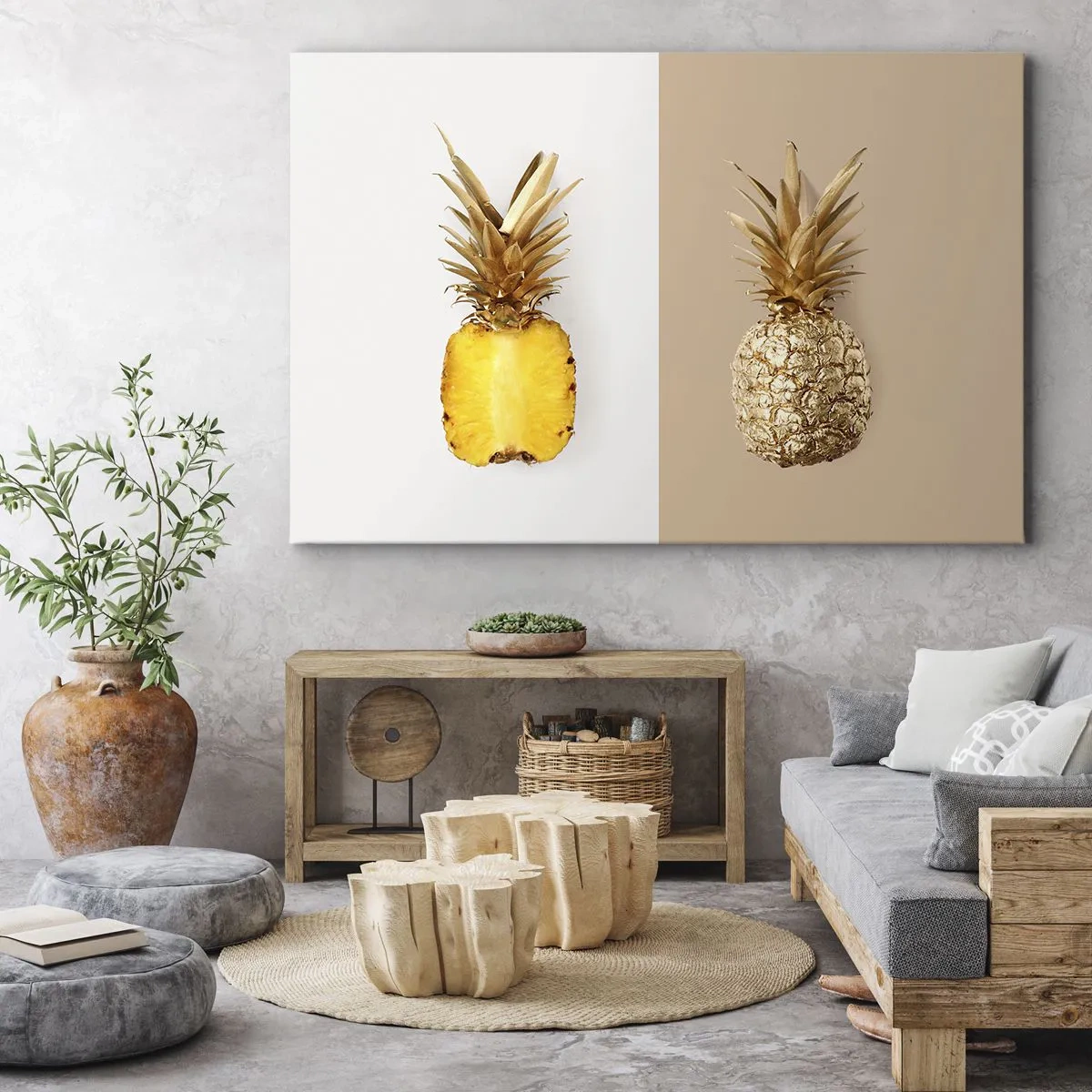 Impression sur toile - Image sur toile - La moitié d'un ananas frais et doré sur un fond contrasté - 100x70cm - Ananas pour nous - Décoration murale moderne pour le salon et la chambre ARTTOR