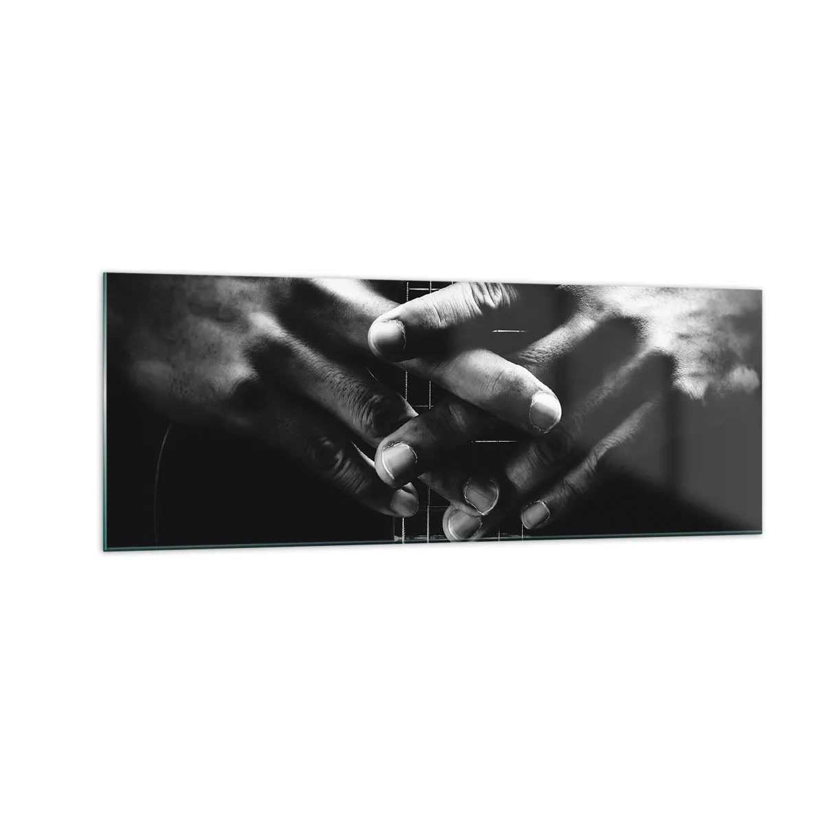 Impression sur verre - Image sur verre - Mains jointes sur une guitare dans un ton monochrome - 140x50cm - Prière d'artiste - Décoration murale moderne pour le salon et la chambre ARTTOR
