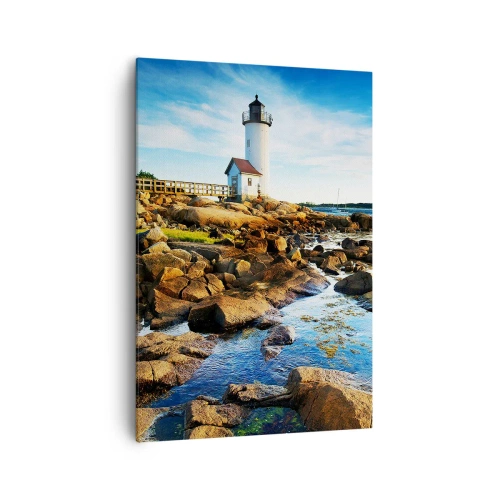 Impression sur toile - Image sur toile - Un phare sur une côte rocheuse par une journée ensoleillée - 70x100cm - Revenez heureux, j'attends - Décoration murale moderne pour le salon et la chambre ARTTOR