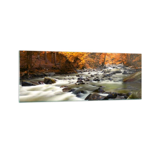 Impression sur verre - Image sur verre - Un ruisseau dans une forêt d'automne entouré de feuilles dorées - 140x50cm - Un ruisseau dans une forêt dorée - Décoration murale moderne pour le salon et la chambre ARTTOR