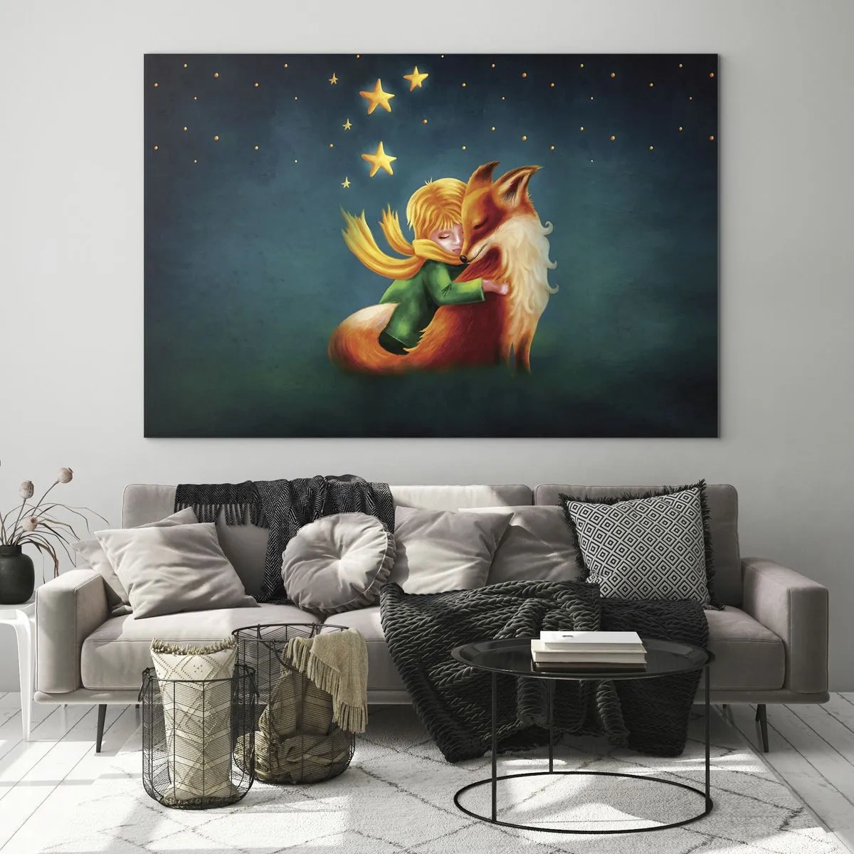 Impression sur verre - Image sur verre - Le Petit Prince serrant un renard dans ses bras sous un ciel étoilé - 70x50cm - Petit Prince - Décoration murale moderne pour le salon et la chambre ARTTOR