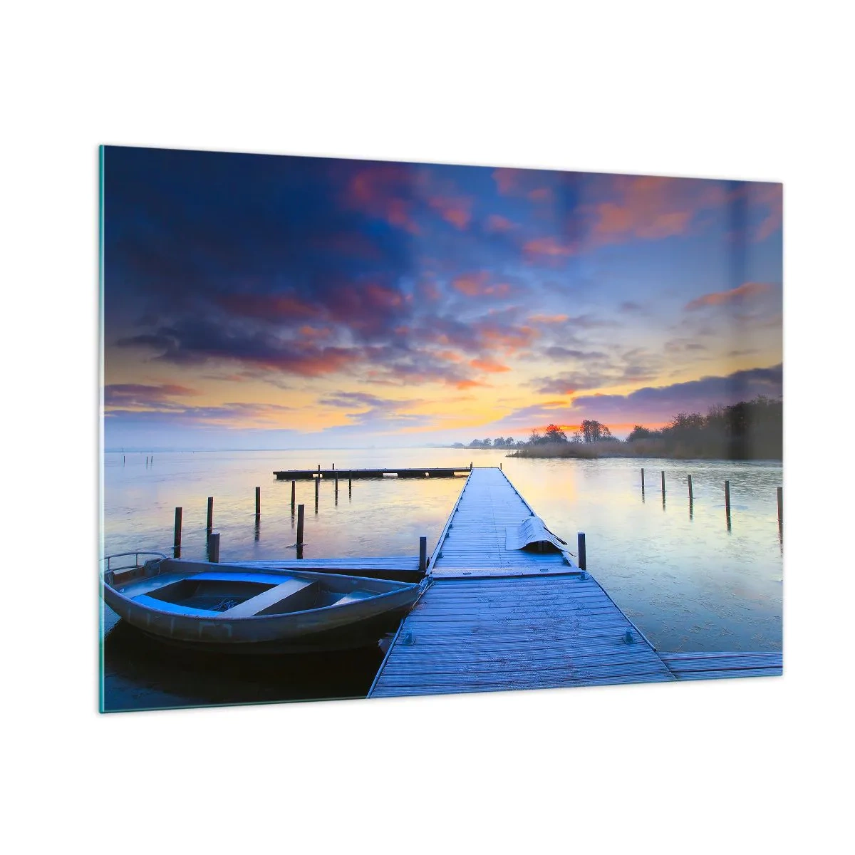 Impression sur verre - Image sur verre - Une jetée sur le lac à l'aube entourée d'une nature paisible - 100x70cm - Calme violet-doré - Décoration murale moderne pour le salon et la chambre ARTTOR