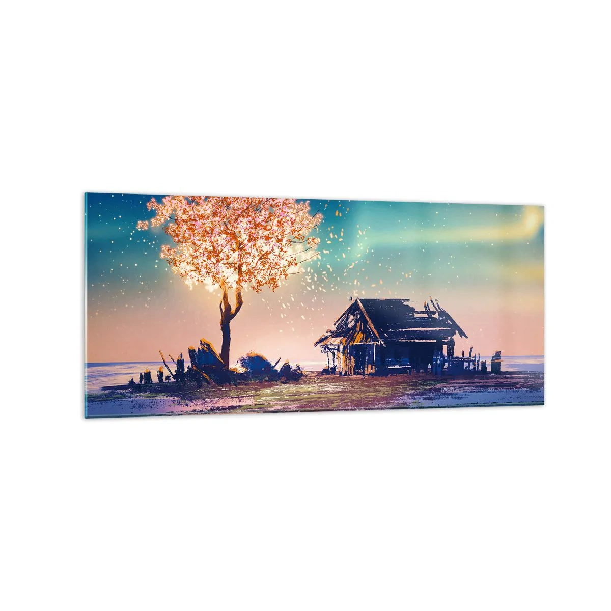 Impression sur verre - Image sur verre - Une maison et un arbre en fleurs sous le ciel nocturne - 120x50cm - La nature ne passe pas - Décoration murale moderne pour le salon et la chambre ARTTOR
