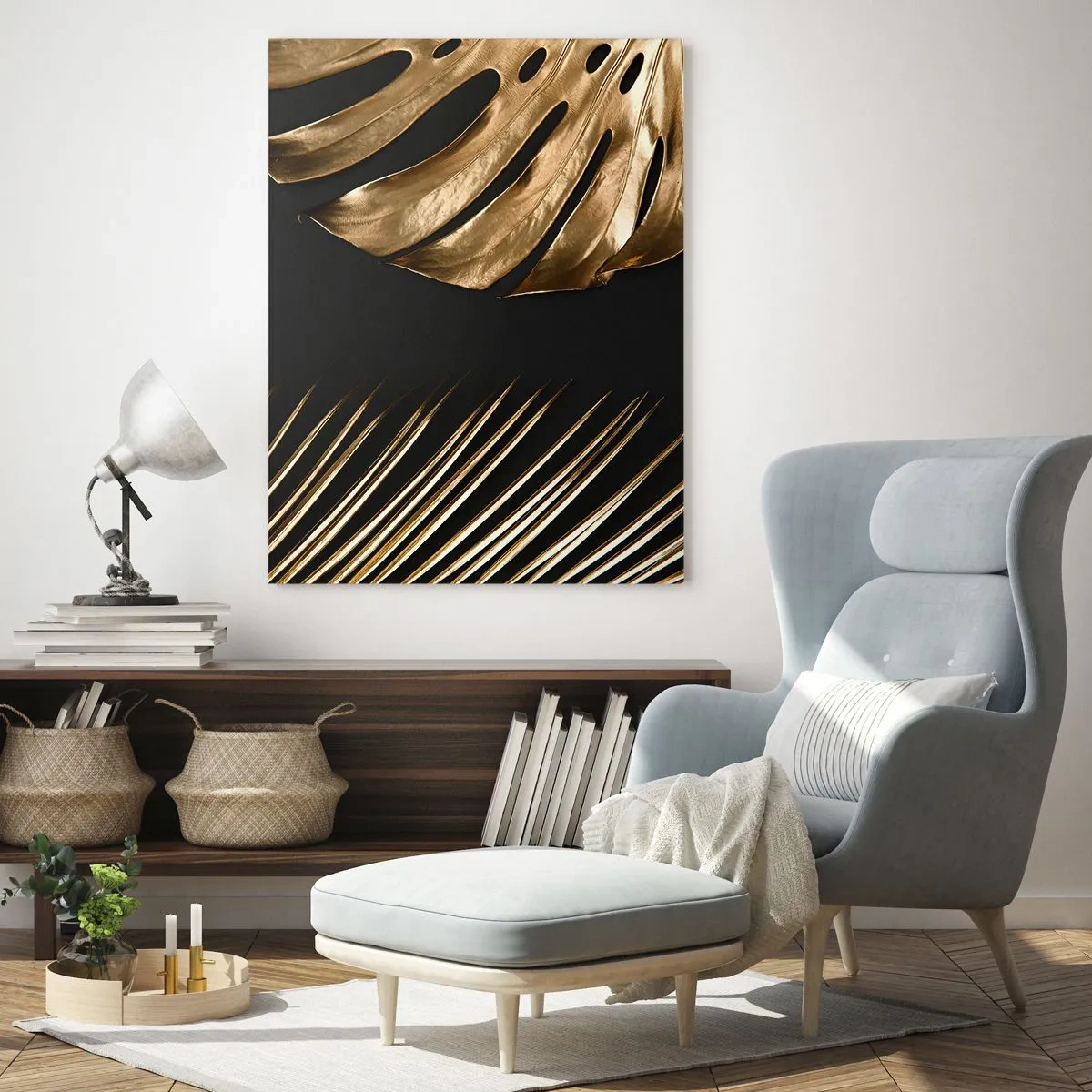 Impression sur verre - Image sur verre - Feuilles dorées sur fond noir - 80x120cm - Différent et tout aussi cher - Décoration murale moderne pour le salon et la chambre ARTTOR