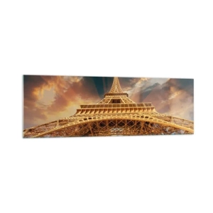 Impression sur verre - Image sur verre - La Tour Eiffel vue d'en bas sur fond de soleil couchant - 160x50cm - Comment l'humanité a atteint le ciel - Décoration murale moderne pour le salon et la chambre ARTTOR