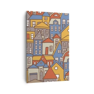 Impression sur toile - Image sur toile - Maisons colorées dans un style graphique sur fond clair - 80x120cm - Derrière la maison, une maison - Décoration murale moderne pour le salon et la chambre ARTTOR