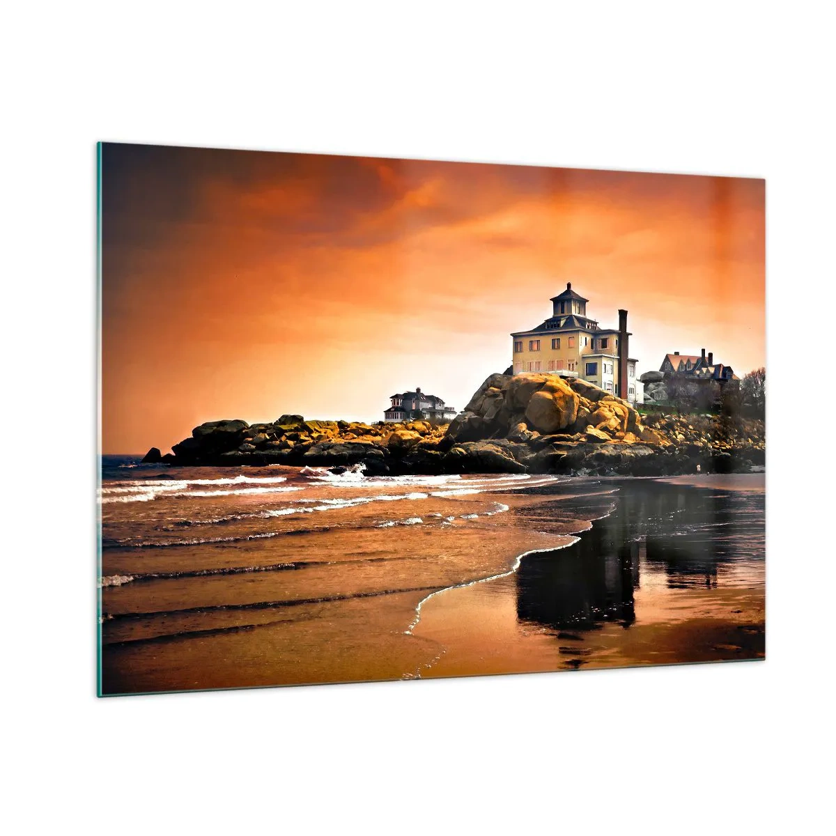Impression sur verre - Image sur verre - Maison sur une falaise surplombant la mer au coucher du soleil - 100x70cm - L'élégance de la côte ouest - Décoration murale moderne pour le salon et la chambre ARTTOR