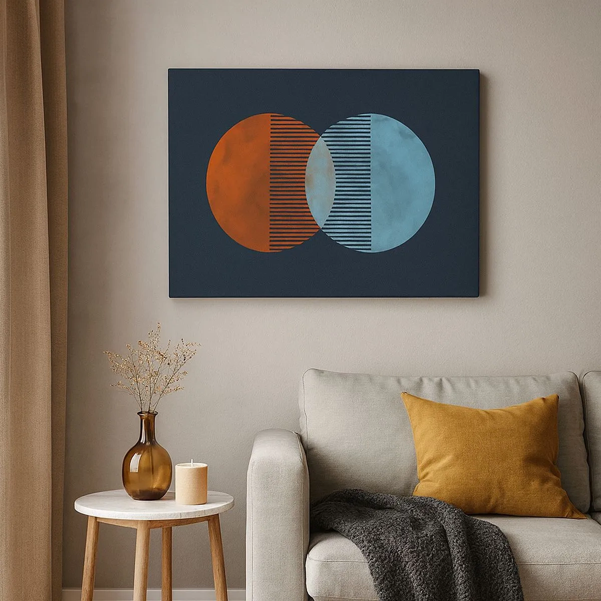 Impression sur toile - Image sur toile - Deux cercles orange et bleus sur fond sombre - 70x50cm - Fantaisie astronomique - Décoration murale moderne pour le salon et la chambre ARTTOR