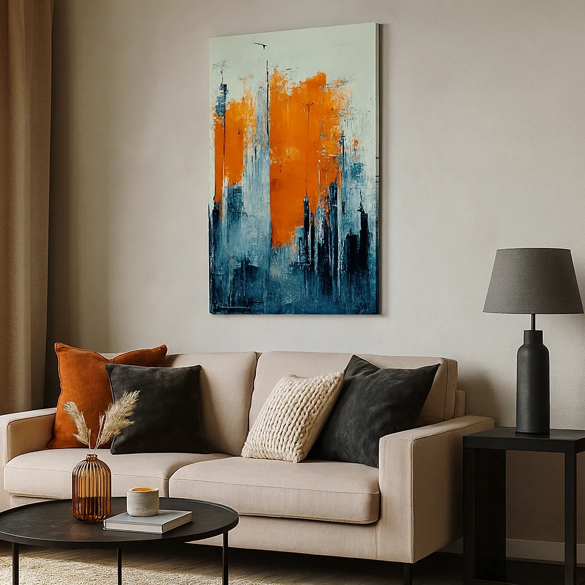 Impression sur toile - Image sur toile - Paysage urbain abstrait dans des tons orange et bleu - 50x70cm - Paysage moderne - Décoration murale moderne pour le salon et la chambre ARTTOR
