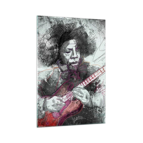 Impression sur verre - Image sur verre - Portrait artistique d'un guitariste en technique d'esquisse - 70x100cm - Sur les vagues de la musique - Décoration murale moderne pour le salon et la chambre ARTTOR