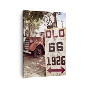 Impression sur toile - Image sur toile - Voiture rétro et panneau Route 66 dans un cadre rustique - 50x70cm - La légende de la province américaine - Décoration murale moderne pour le salon et la chambre ARTTOR