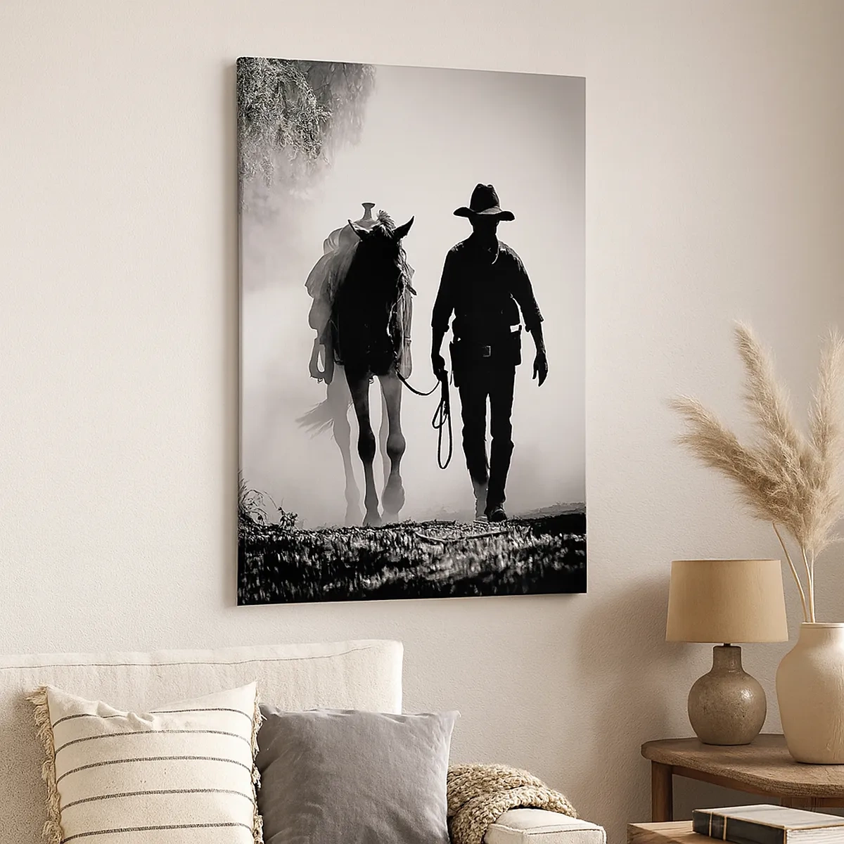 Impression sur toile - Image sur toile - Cowboy avec cheval dans le brouillard matinal - 50x70cm - Matinée texane - Décoration murale moderne pour le salon et la chambre ARTTOR