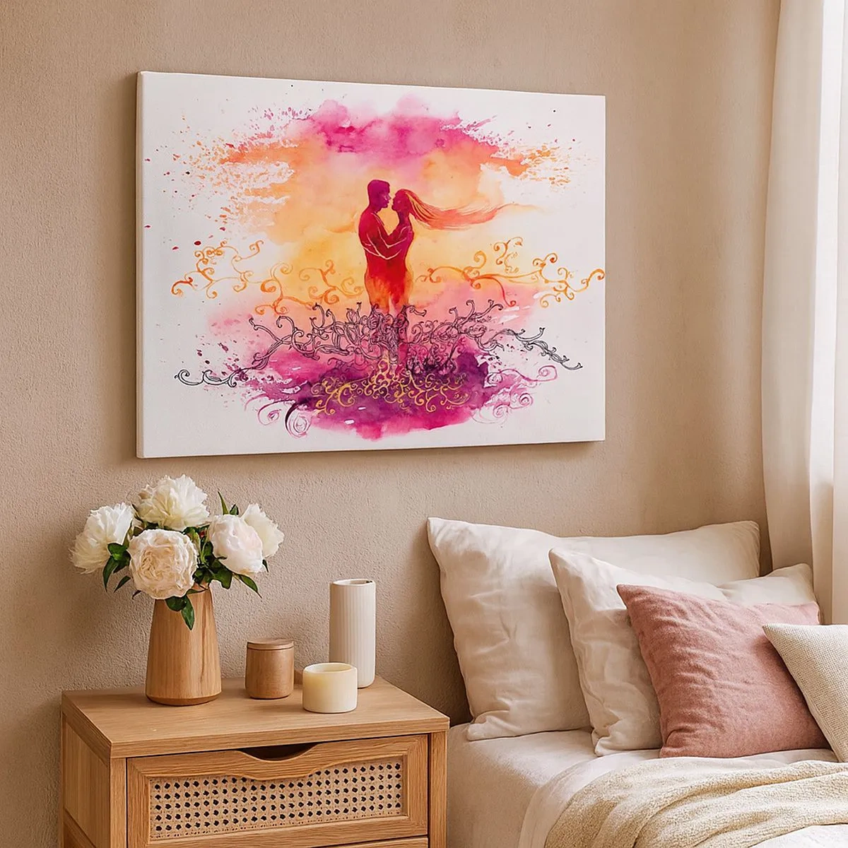 Impression sur toile - Image sur toile - Un couple s'embrassant sur un motif abstrait rose et orange - 70x50cm - Un coeur! Je n'ai pas besoin de beaucoup… - Décoration murale moderne pour le salon et la chambre ARTTOR