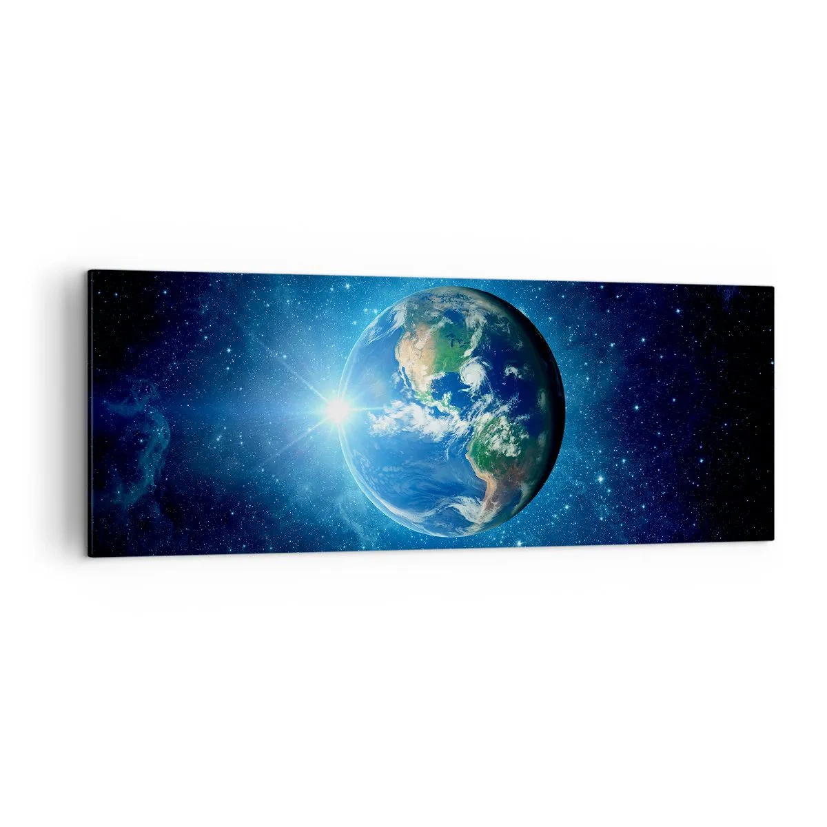 Impression sur toile - Image sur toile - La Terre dans l'espace entourée d'étoiles et de lumière - 140x50cm - Nous sommes au paradis - Décoration murale moderne pour le salon et la chambre ARTTOR