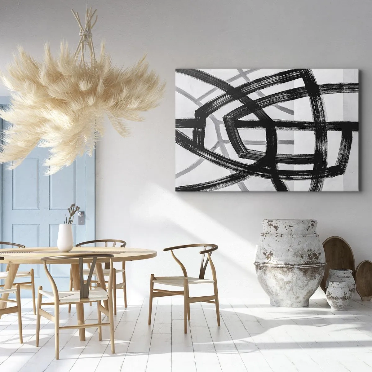 Impression sur toile - Image sur toile - Lignes abstraites noires et blanches se croisant sur un fond clair - 70x50cm - Profondeur du bâtiment - Décoration murale moderne pour le salon et la chambre ARTTOR