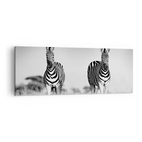 Impression sur toile - Image sur toile - Deux zèbres dans la savane dans un style monochrome - 140x50cm - Le monde est bel et bien noir et blanc - Décoration murale moderne pour le salon et la chambre ARTTOR
