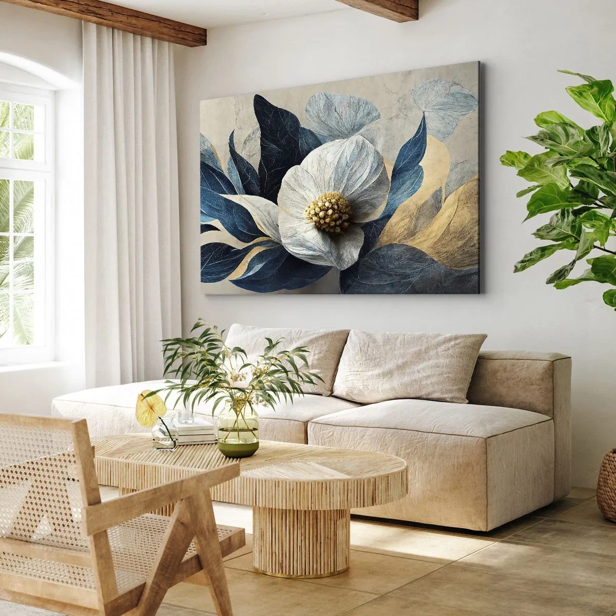 Impression sur toile - Image sur toile - Une fleur aux feuilles bleues sur un fond élégant - 120x80cm - Il a un coeur d'or - Décoration murale moderne pour le salon et la chambre ARTTOR