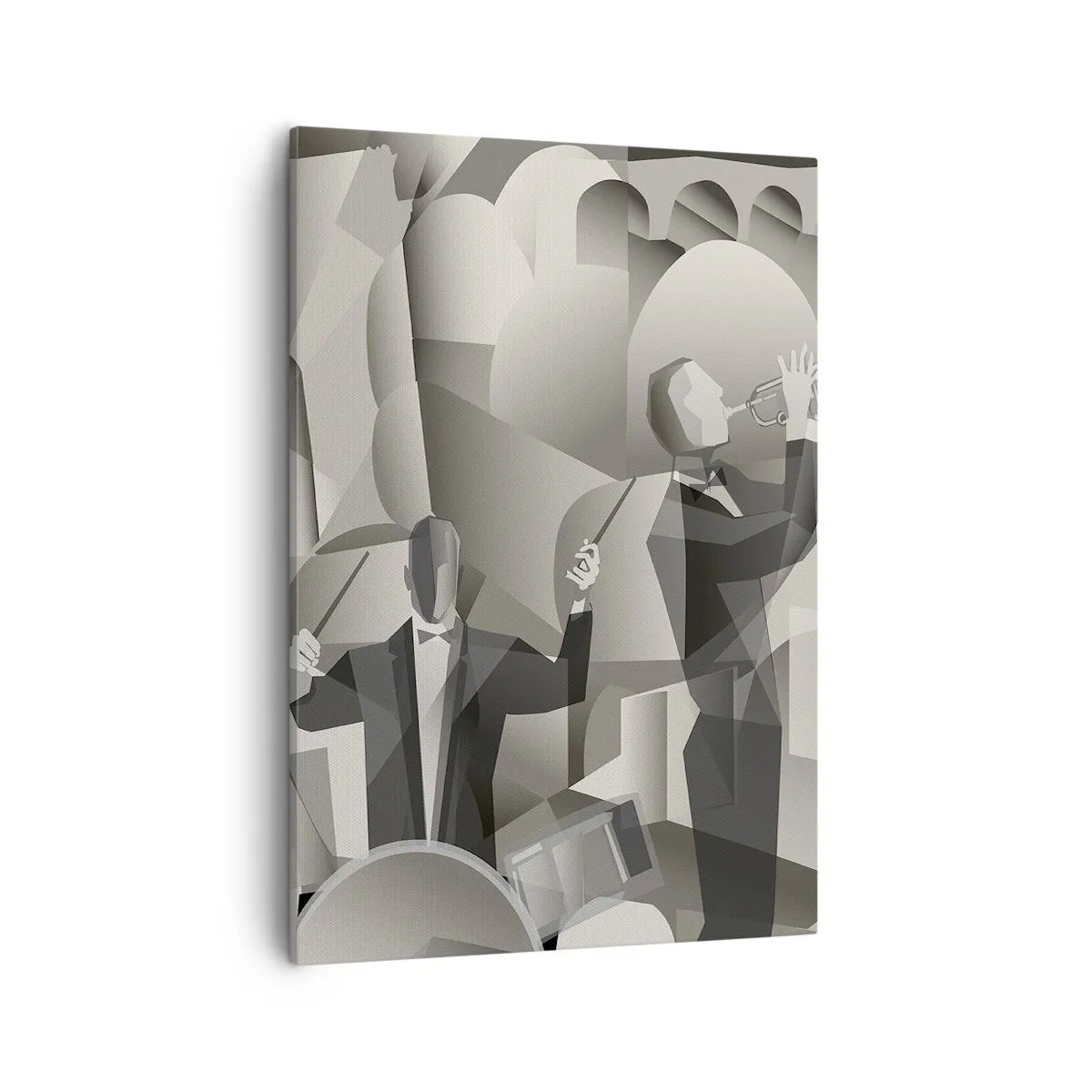 Impression sur toile - Image sur toile - Scène abstraite avec des musiciens de jazz dans des tons de gris. - 50x70cm - Dans l'espace des sons - Décoration murale moderne pour le salon et la chambre ARTTOR