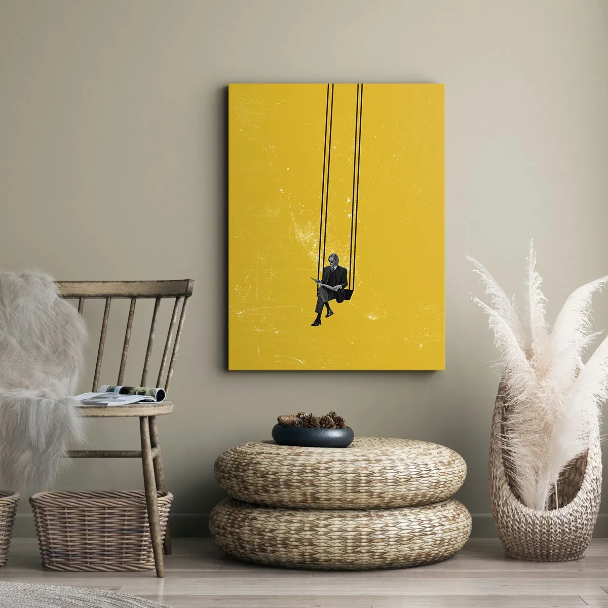 Impression sur toile - Image sur toile - Une personne sur une balançoire sur un fond jaune intense - 70x100cm - Un jour comme tous les jours - Décoration murale moderne pour le salon et la chambre ARTTOR