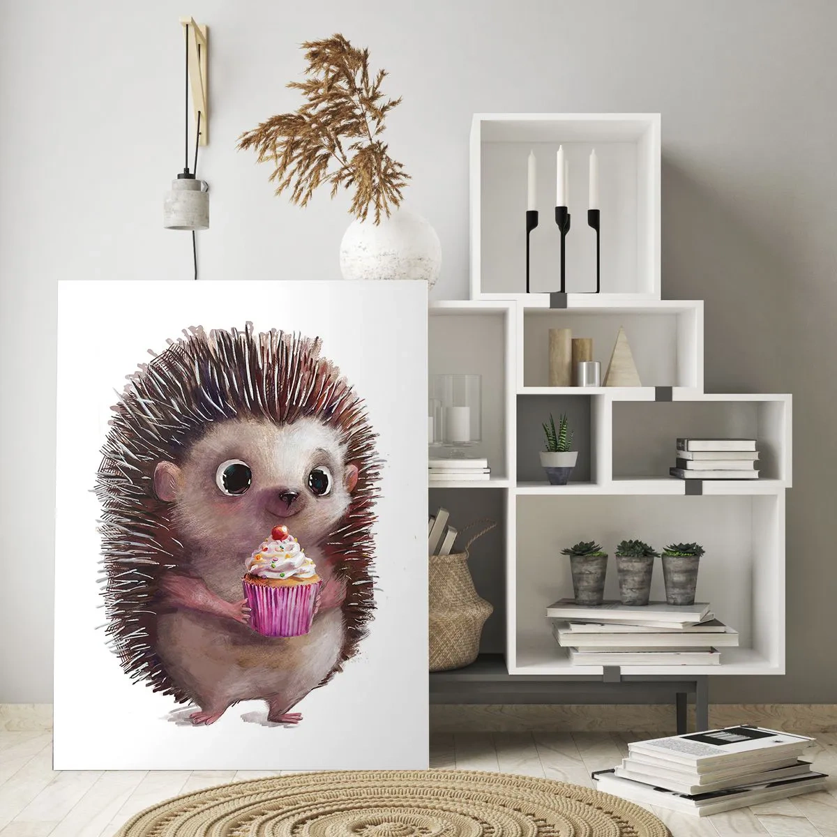 Impression sur verre - Image sur verre - Un hérisson mignon avec un cupcake sur fond blanc - 50x70cm - La fête c'est tous les jours - Décoration murale moderne pour le salon et la chambre ARTTOR